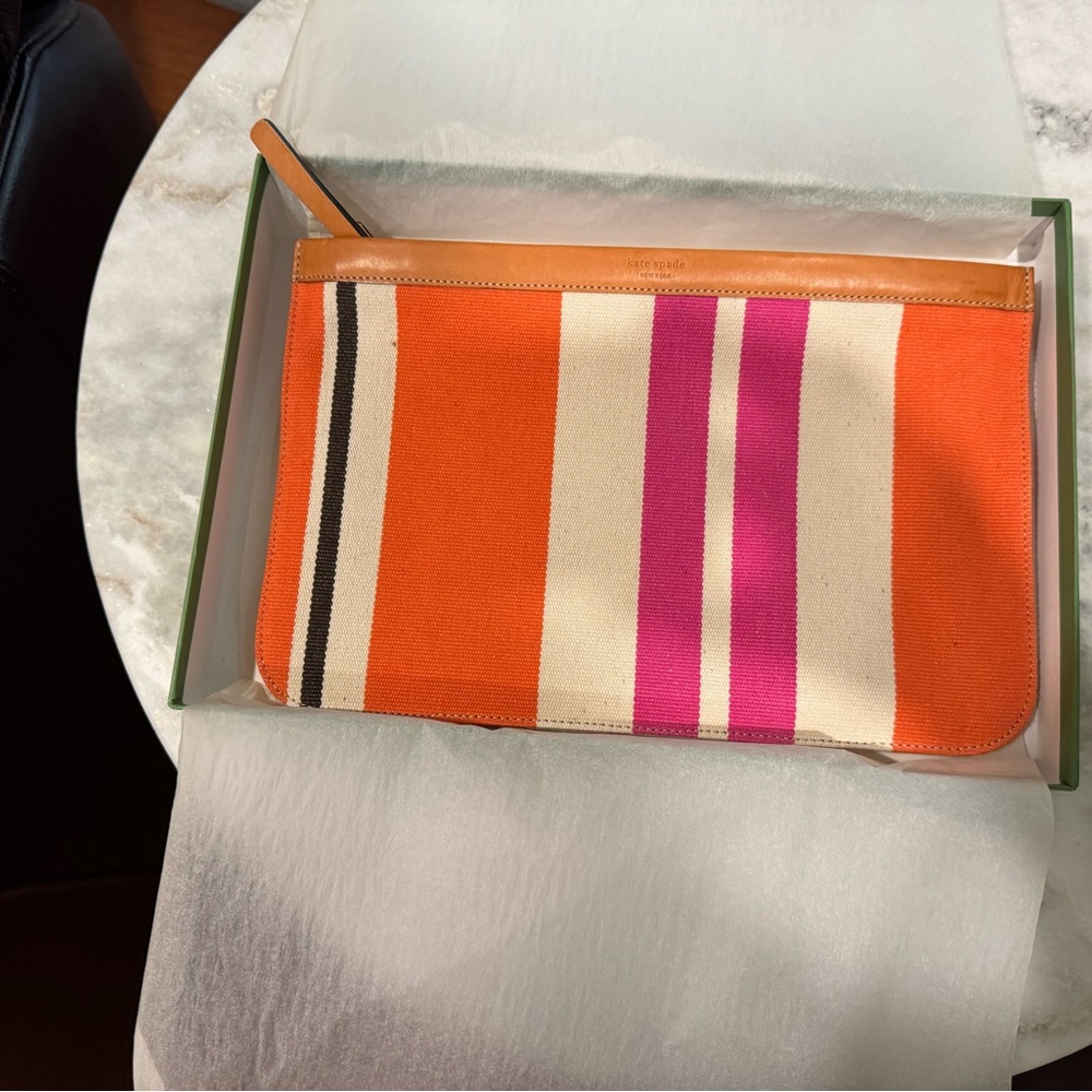 Kate Spade Striped Orange and Pink Canvas Clutch